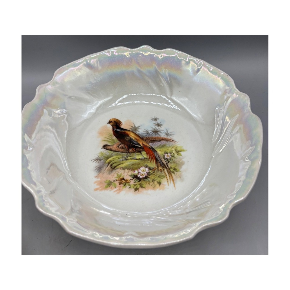 Vintage Bavaria Lusterware Pheasant Porcelain Bowl Iridescent Scalloped 8.5"